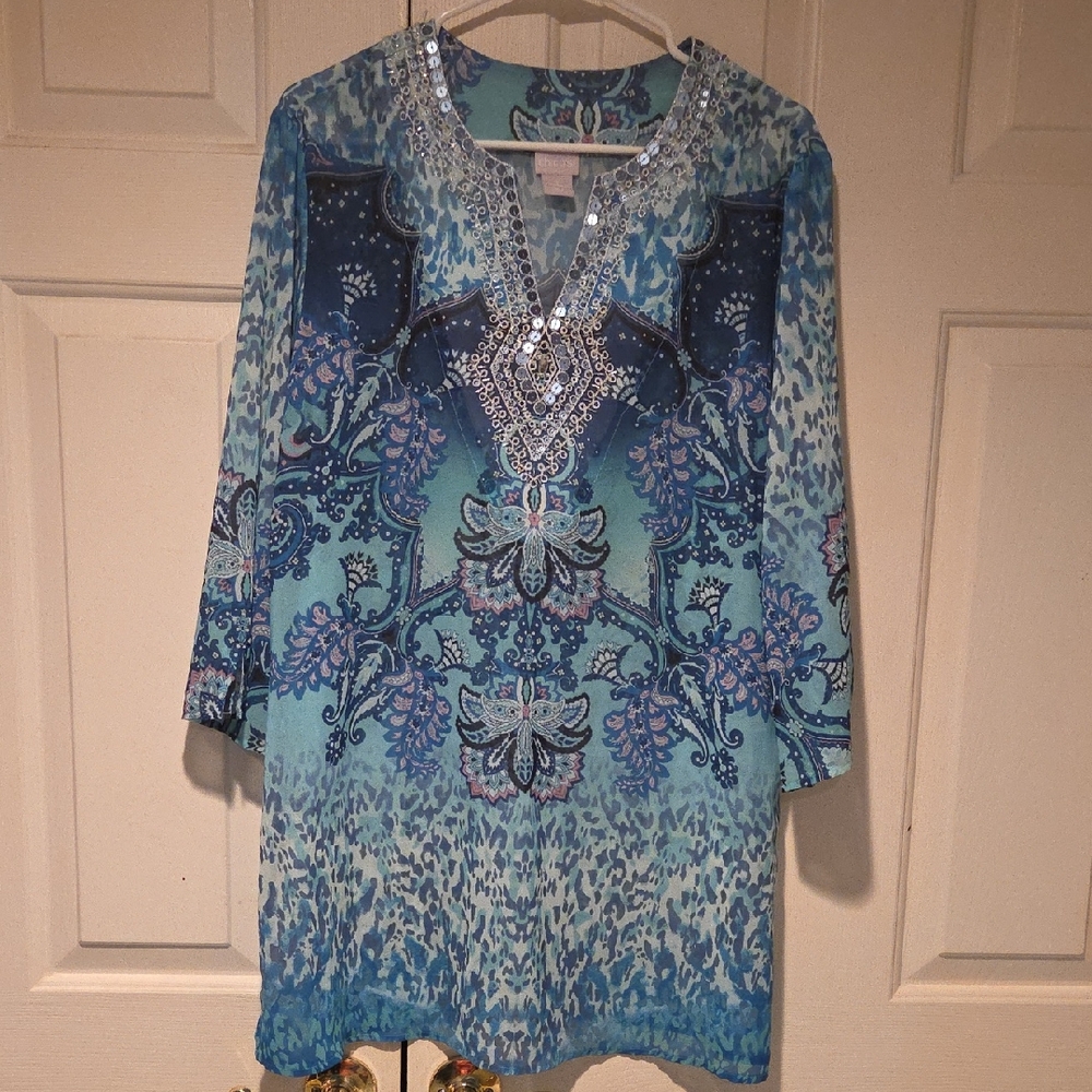 Chico's Blue and Silver Embellished Swim Coverup